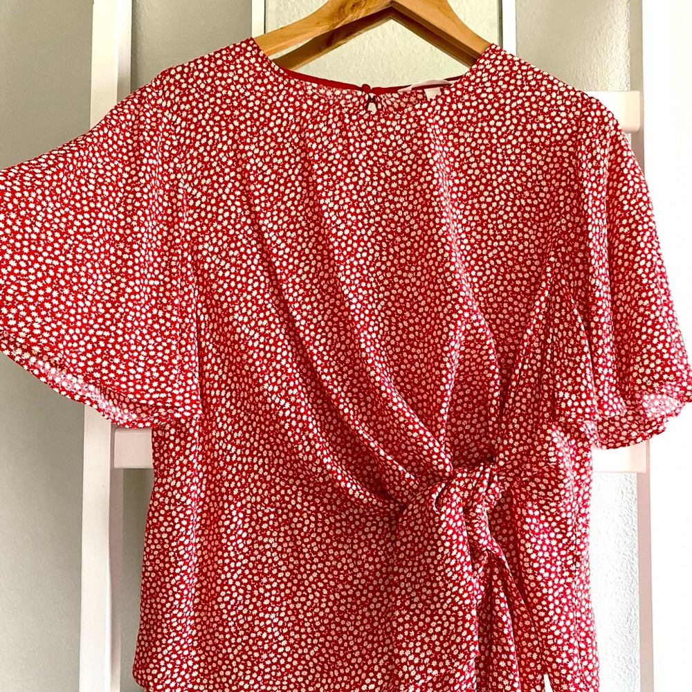 NWT H&M Red Floral Blouse with Tie Detail